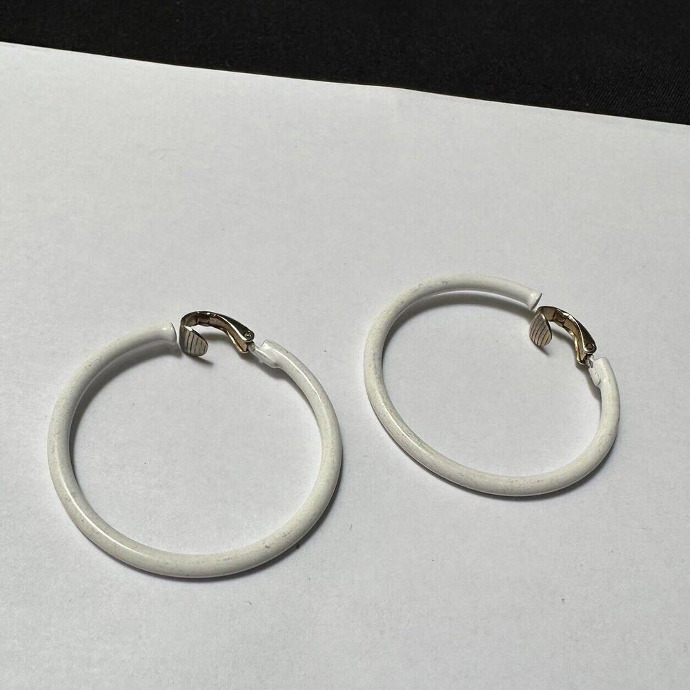 Lewis Segal White Enamel Hoop Signed Clip On Earrings L.H Segal